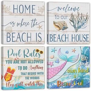 4-Pack 16x16 Coastal Canvas Wall Art – Beach & Pool House Decor